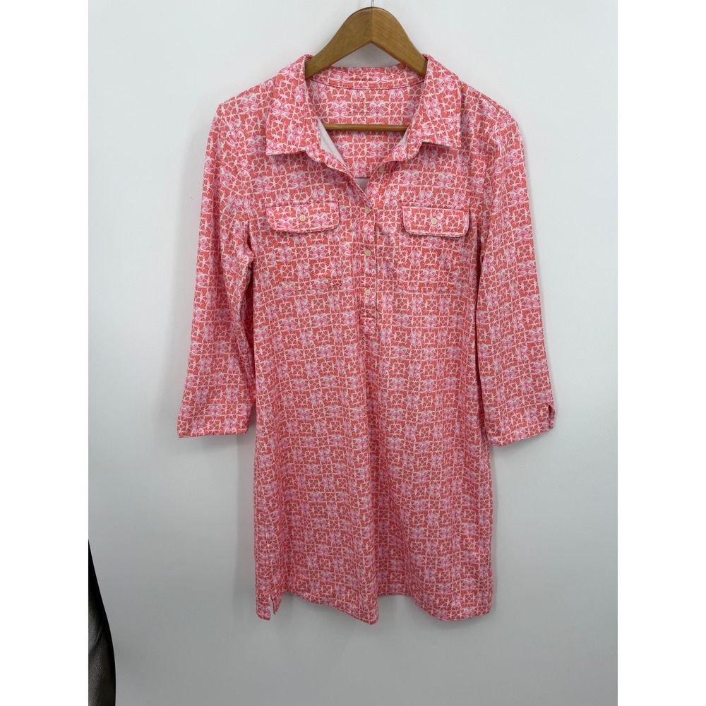 Vineyard Vines sunrise Sanjay Shirt Dress L Pink Orange Geometric 3/4 Sleeve